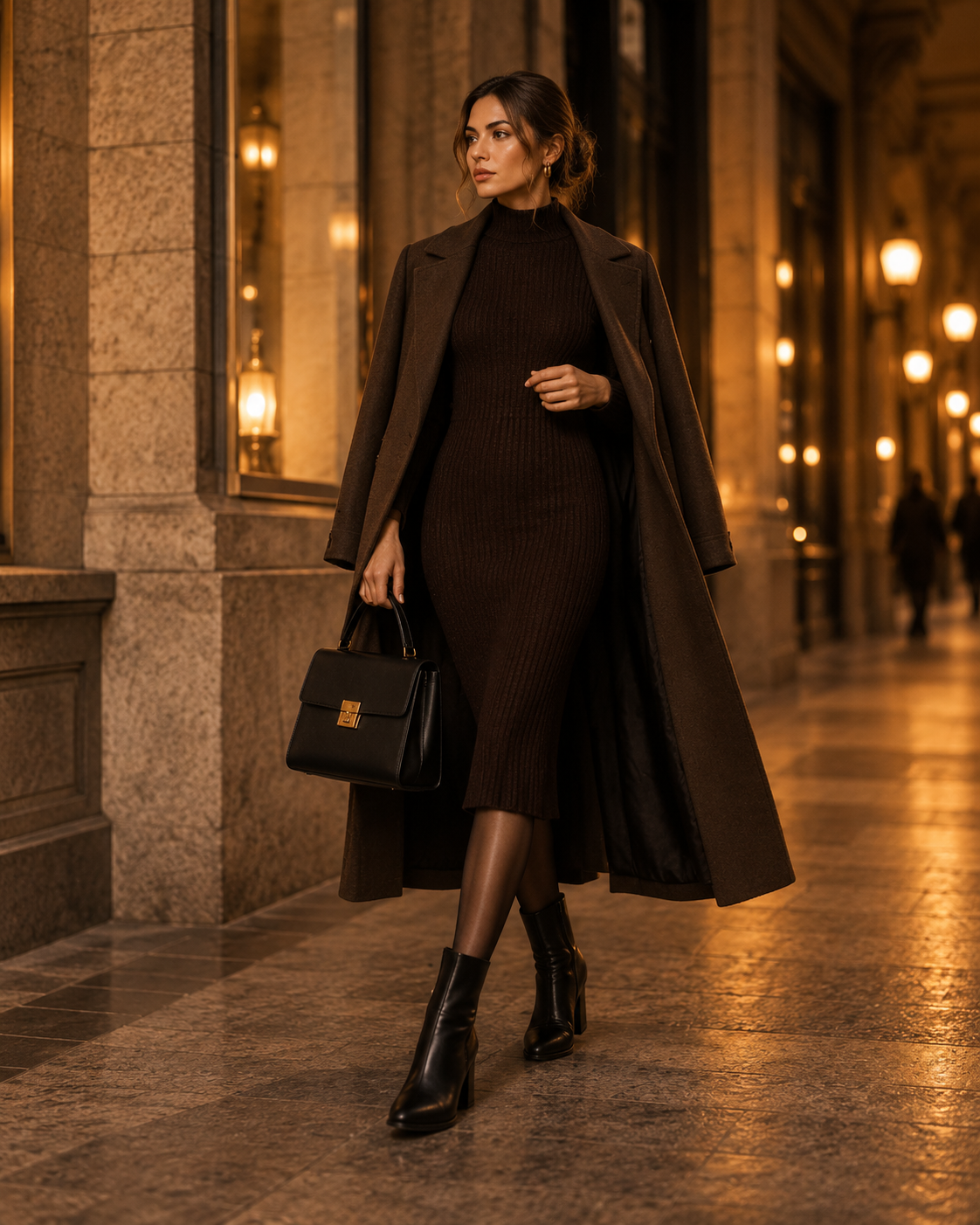 Elegantne sügislook kudumkleidi pika mantli ja poolsaabastega