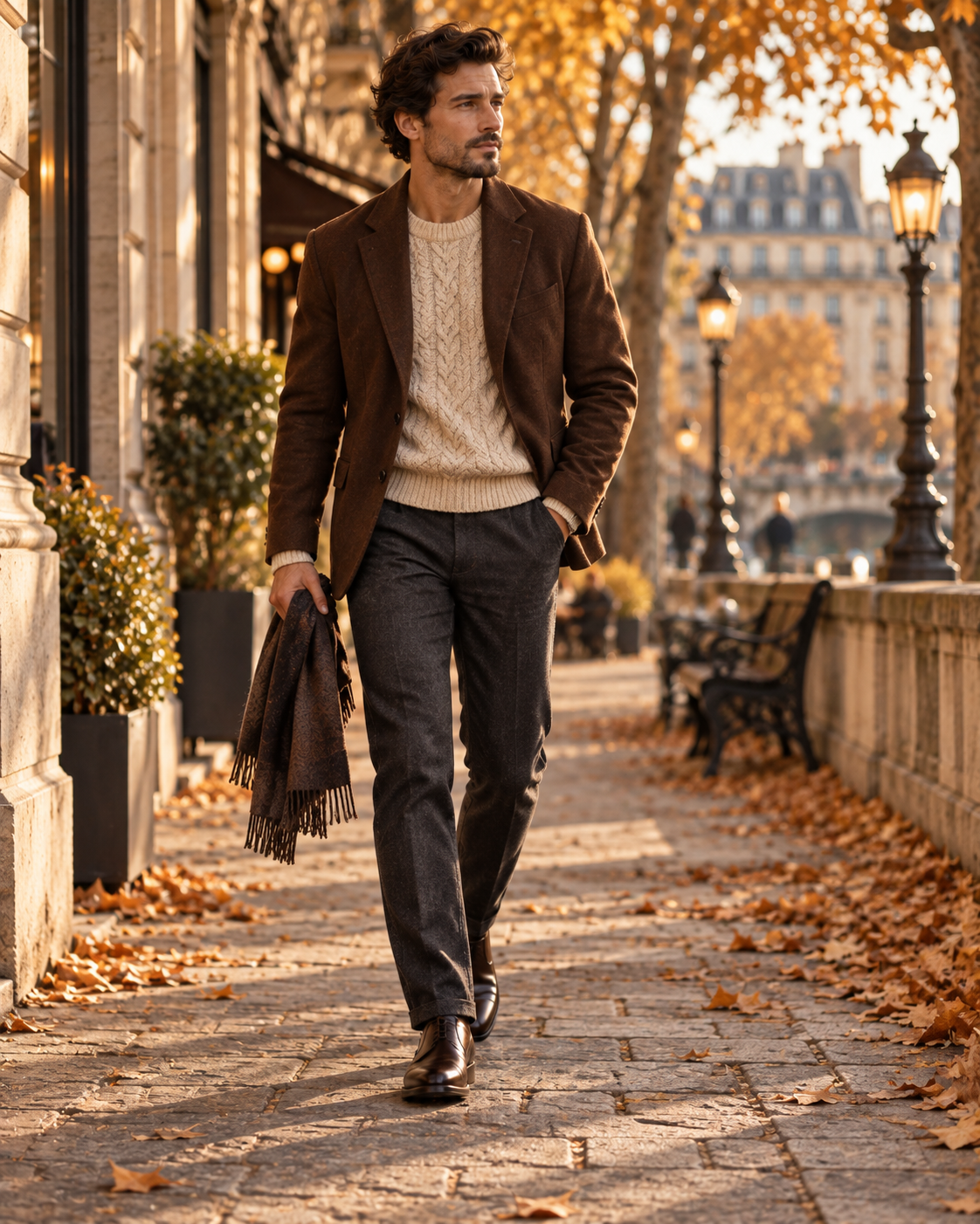 Meeste smart casual sügislook pruuni bleiseri heleda kampsuni ja pükstega